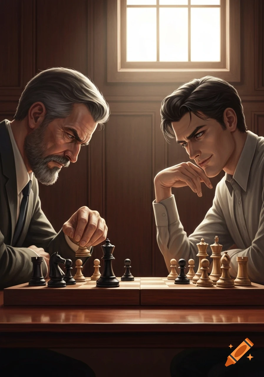 Two men, one older with a beard, intensely playing chess in a classic, well-lit room.