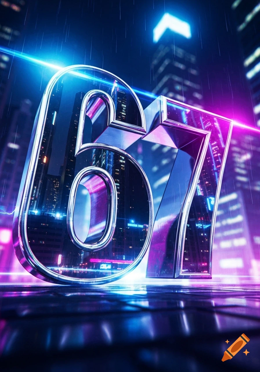 Large chrome numbers 67 glow with neon blue and purple lights in a rainy, futuristic cityscape.