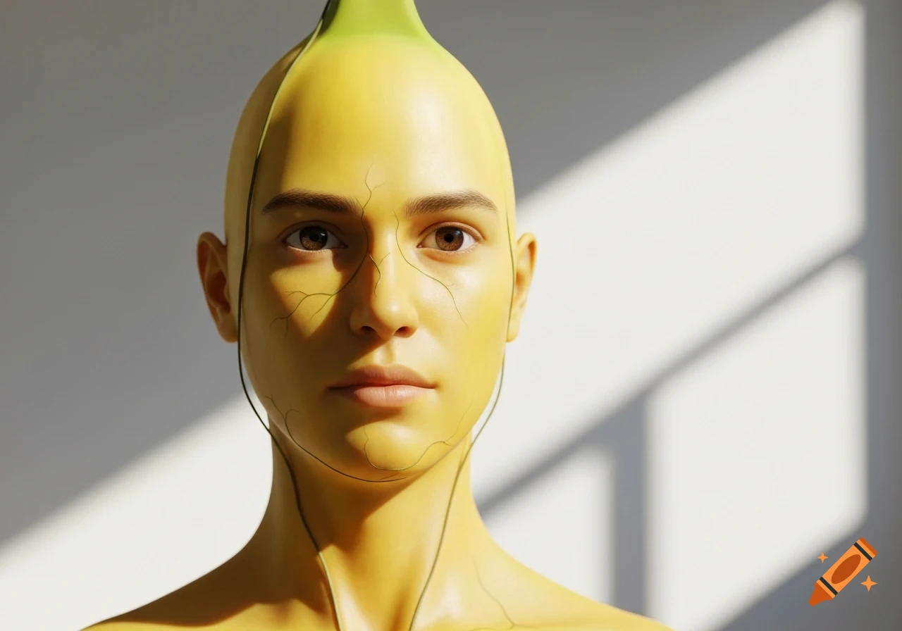 A photorealistic portrait of a human-banana hybrid with yellow skin, a green stem-like head, and fine green lines on the face.