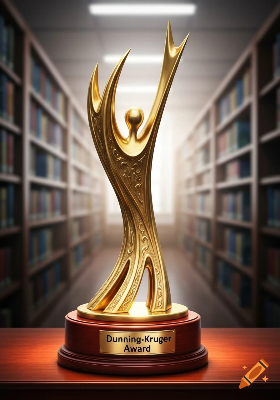A golden Dunning-Kruger Award trophy with an ornate design stands on a wooden base on a table, with a blurred library background.