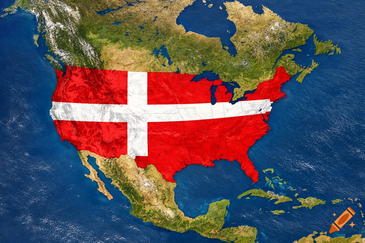 Satellite map of North America showing the USA covered by the red and white Danish flag, surrounded by normal land and ocean.