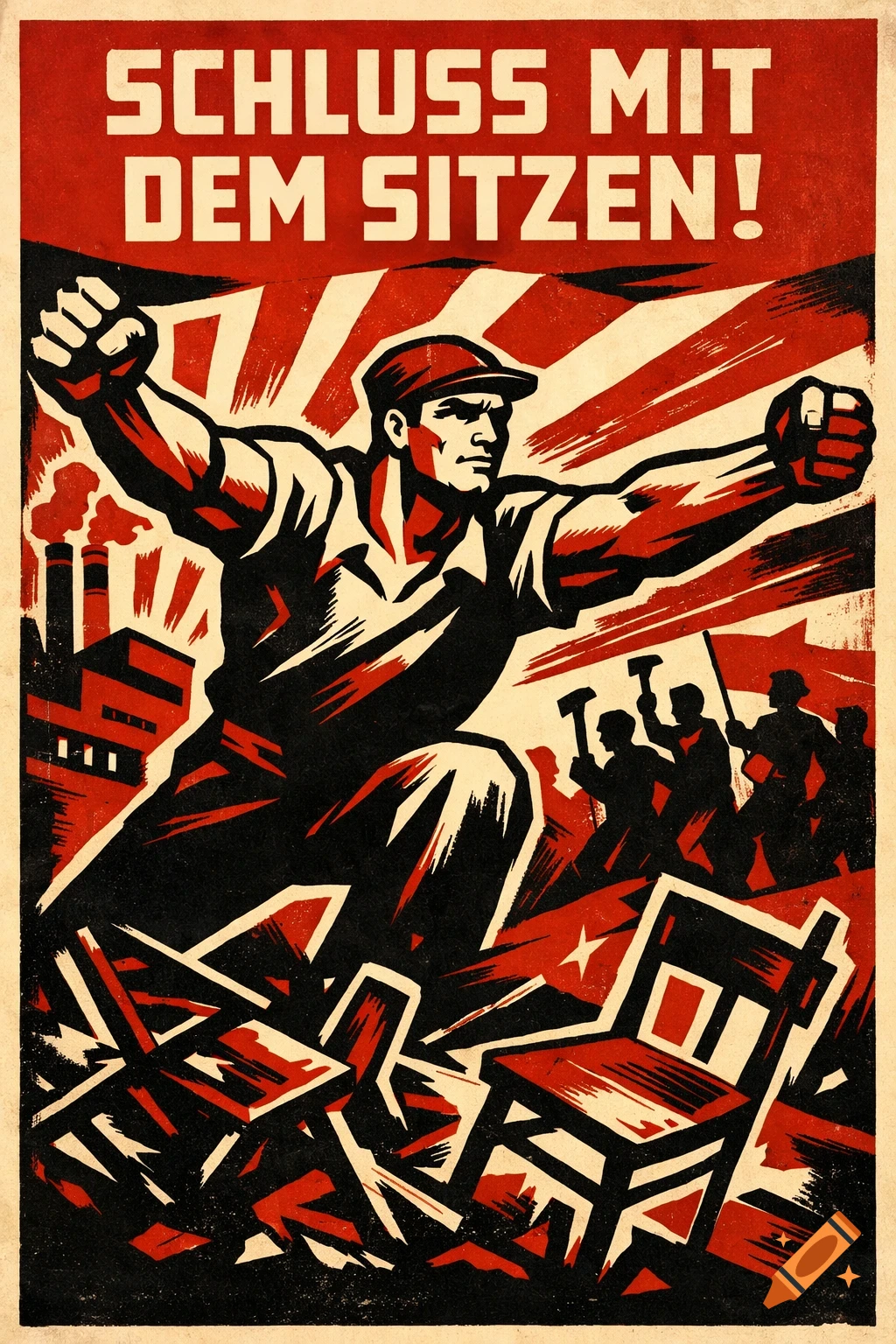 Socialist realism poster with a muscular man leading workers smashing chairs. Text: 'Schluss mit dem Sitzen!'. Red, black, cream colors.