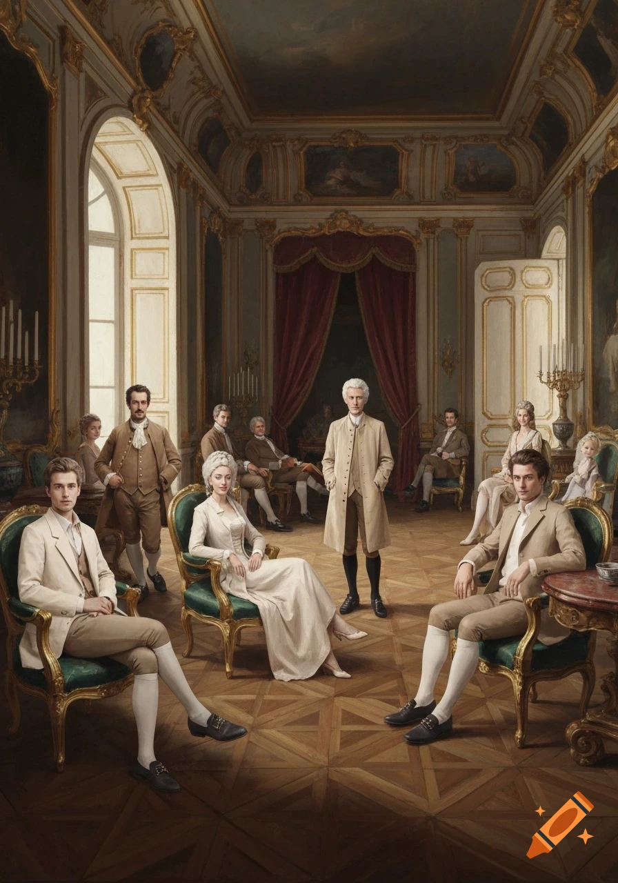 A painterly group portrait in a grand 18th-century salon, featuring people in neutral-toned, modern casual clothing.