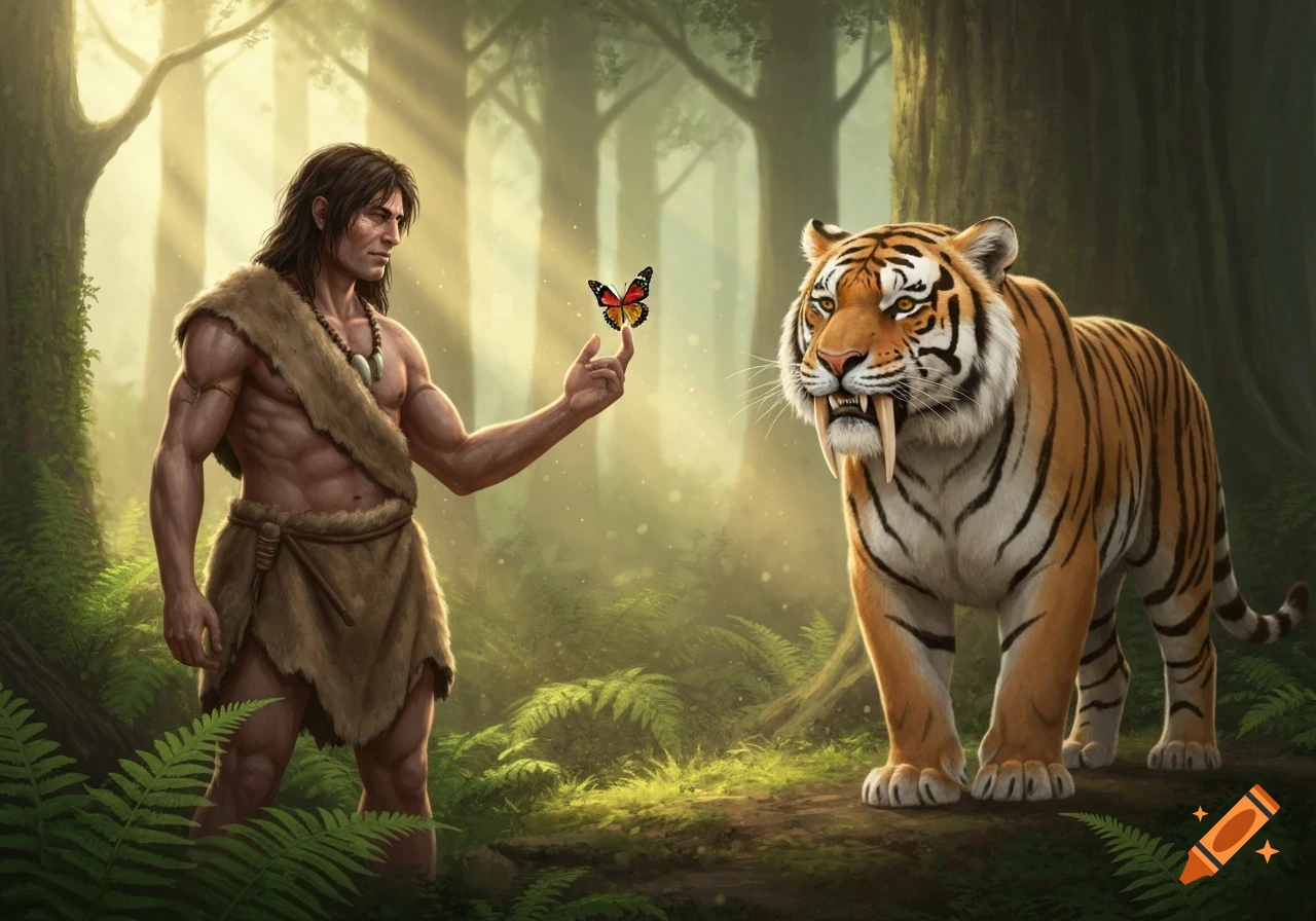 A muscular caveman with a butterfly on his finger stands beside a saber-toothed tiger in a sun-dappled prehistoric forest, digital art.
