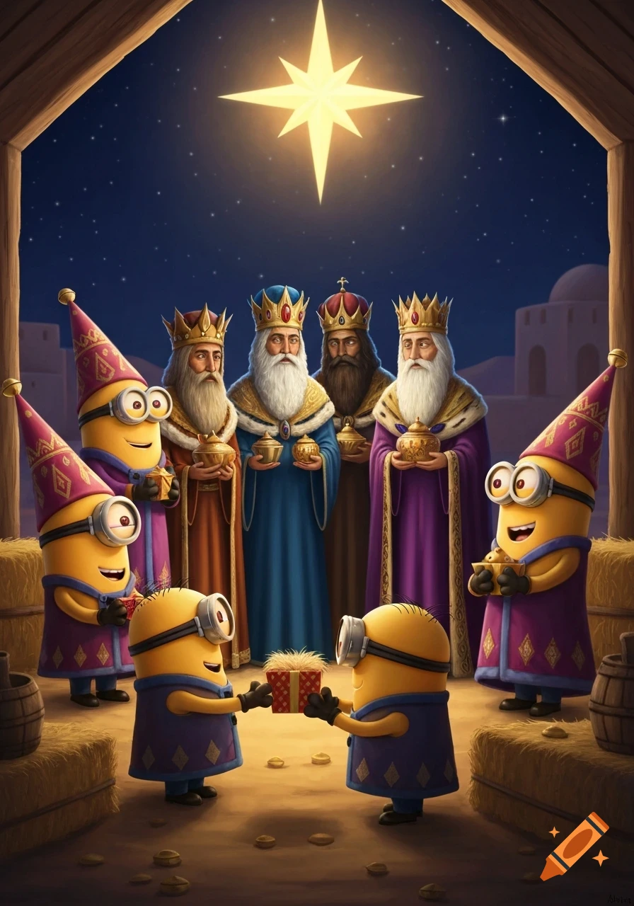 A bright illustration of Minions and three traditional Wise Men inside a stable, under a shining star, exchanging gifts.