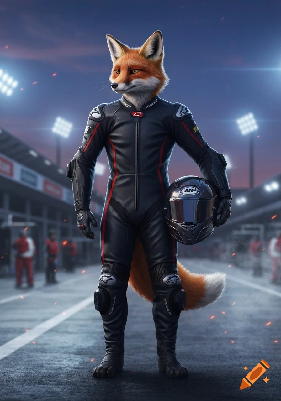 Photorealistic anthropomorphic fox in a black and red leather MotoGP racing suit, holding a helmet on a race track.