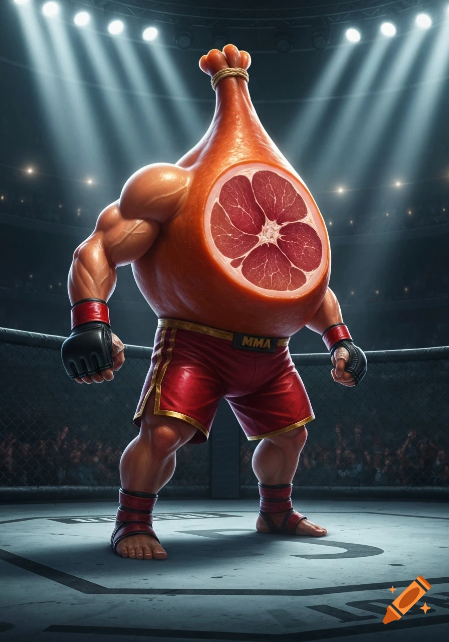 A muscular anthropomorphic ham character wearing red MMA shorts and gloves, standing in a spotlighted fighting ring.