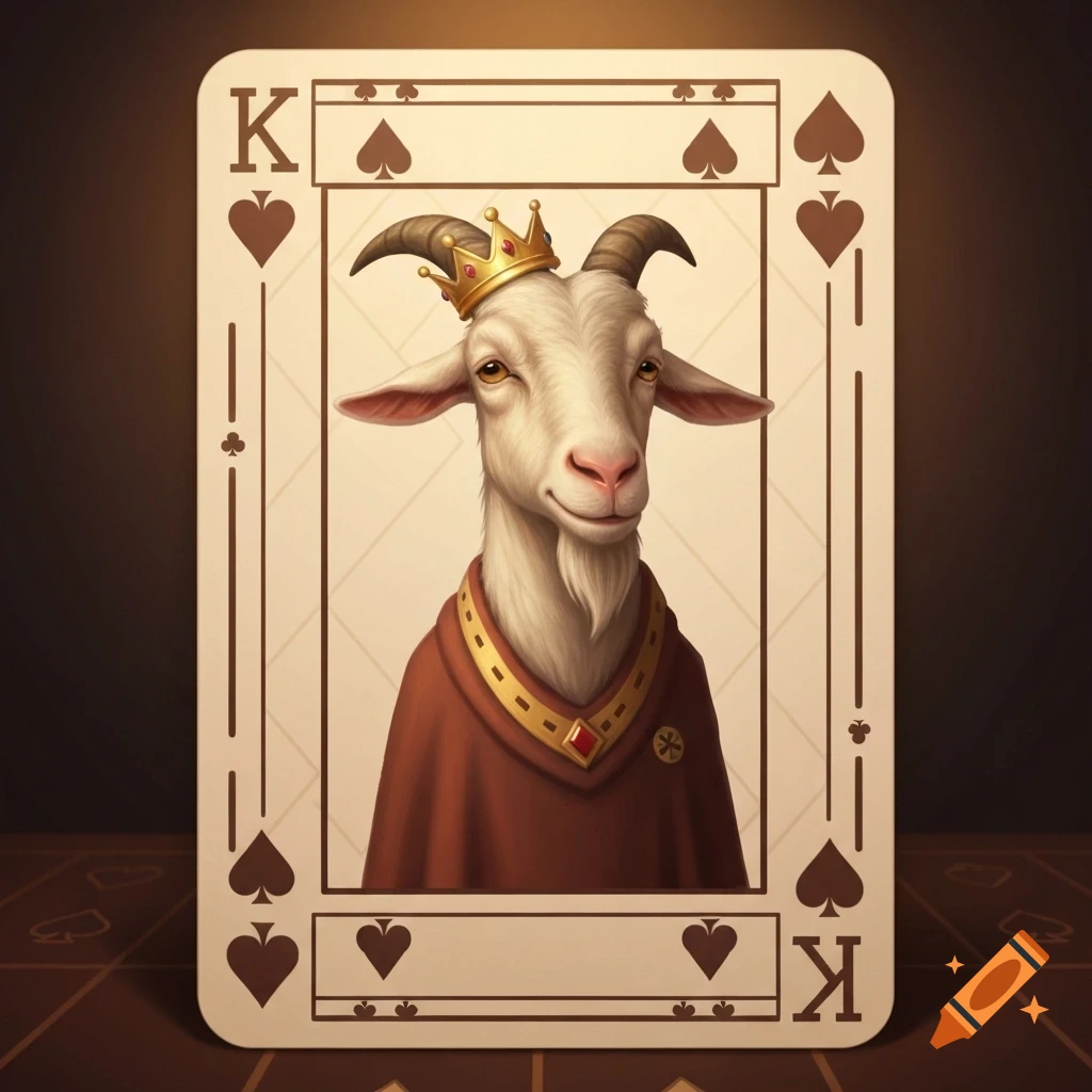 A King of Spades playing card features a crowned goat in a red royal robe, on a dark brown background.