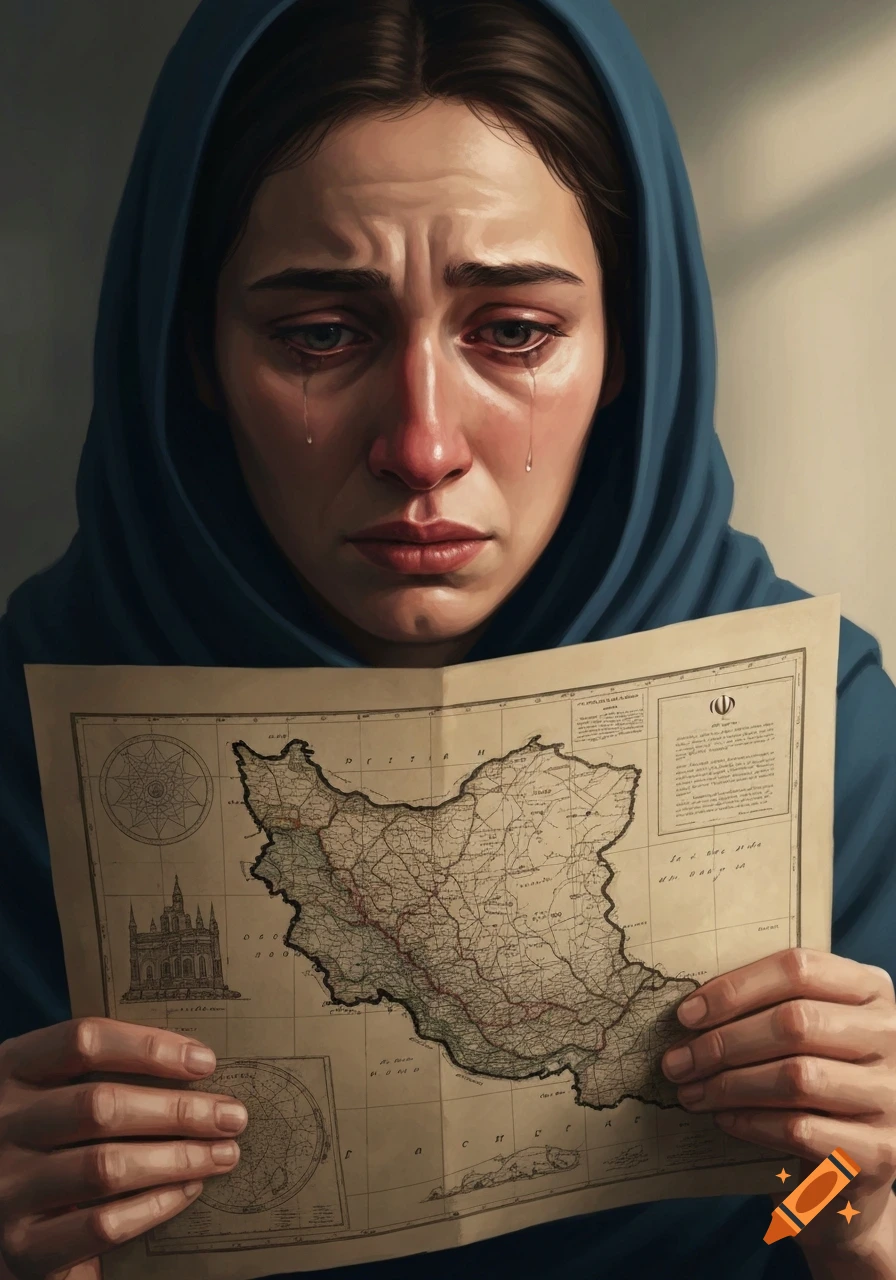 A crying woman wearing a blue head covering holds an old map of Iran, her face showing deep sorrow, in a photorealistic style.