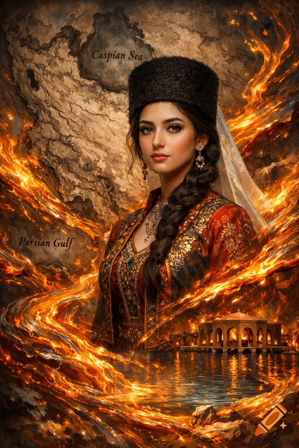 A woman in traditional Azerbaijani dress and fur hat, with fiery molten streams and a map background, overlooking a lakeside pavilion.