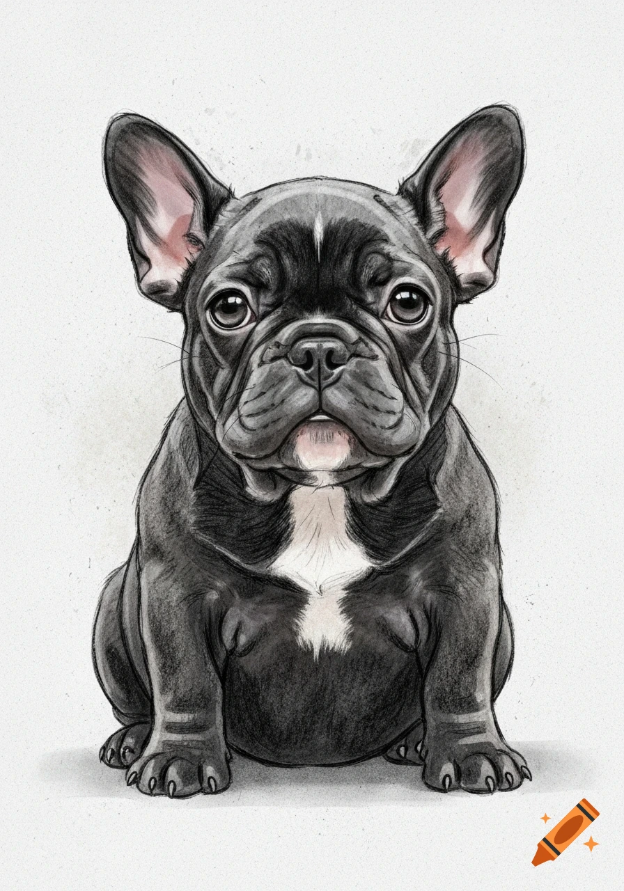 A stylized drawing of a black French bulldog puppy with white chest markings, sitting and looking forward.