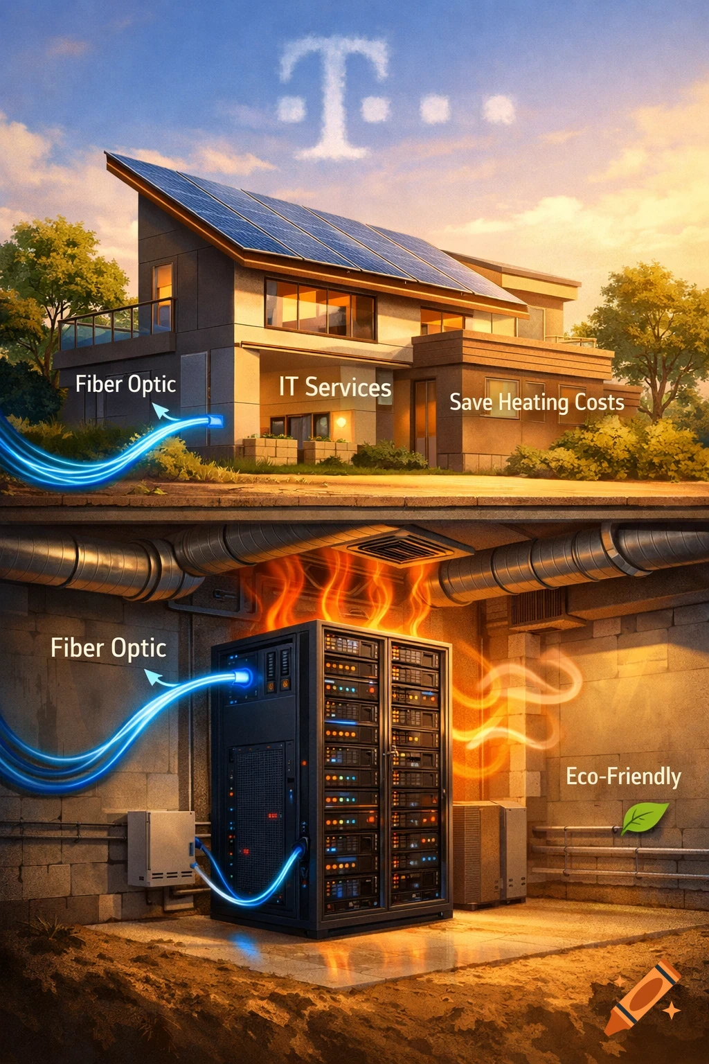 A split image shows a modern house with solar panels and text prompts above, connected to a server room below with heat and "Eco-Friendly" text.