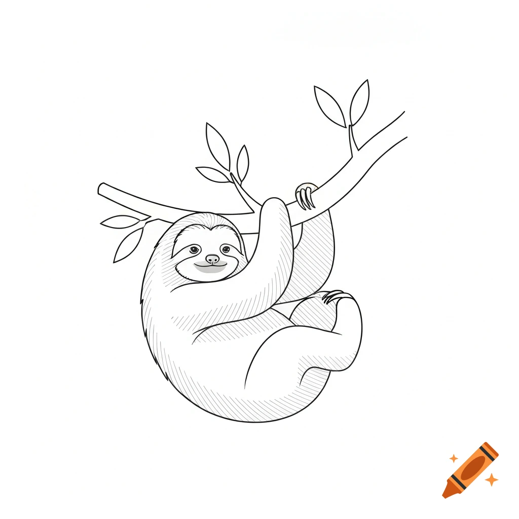 Line drawing of a smiling sloth hanging from a tree branch.
