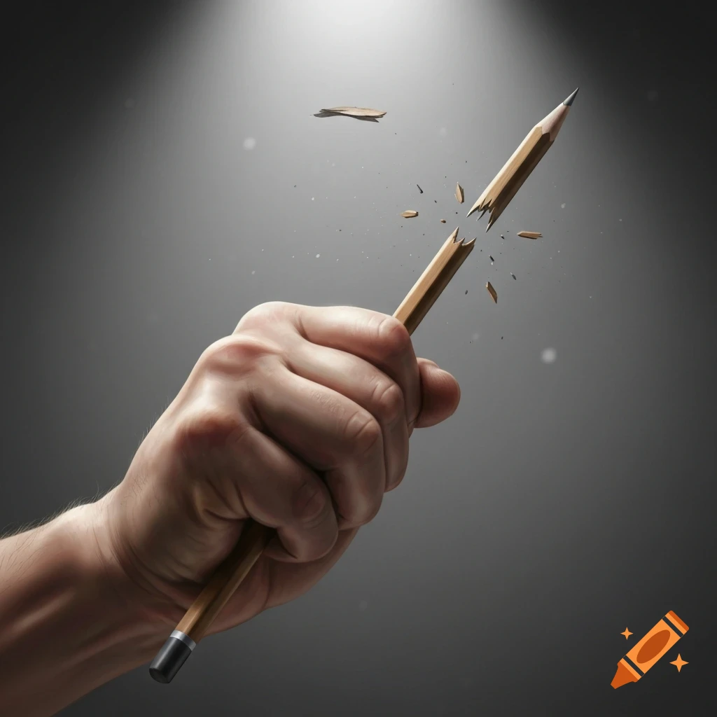 A close-up, photorealistic image of a hand firmly grasping a wooden pencil that is snapped in two, with splinters flying.