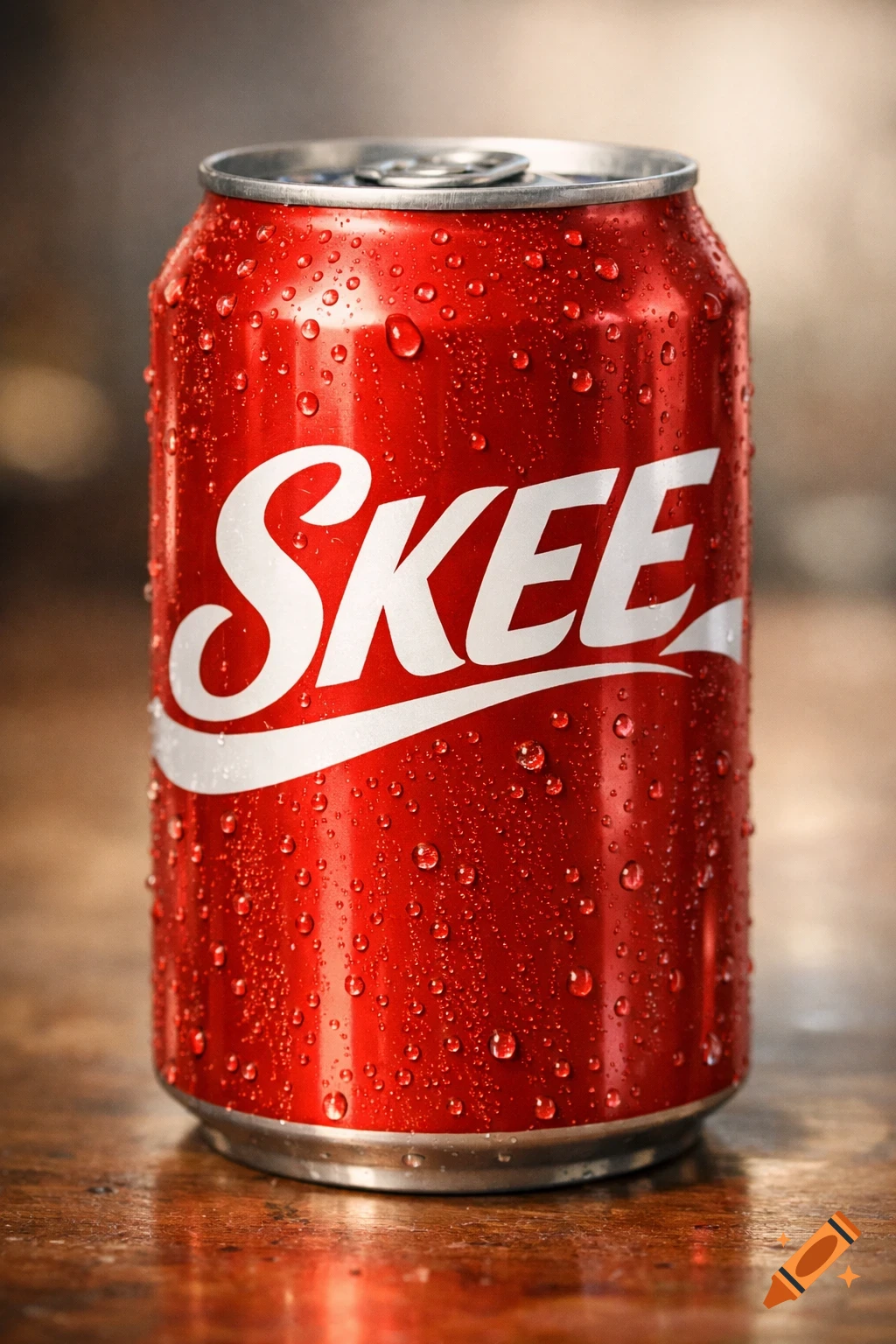 A cold, red soda can with water droplets on a wooden surface, labeled 'SKEE' in white text.