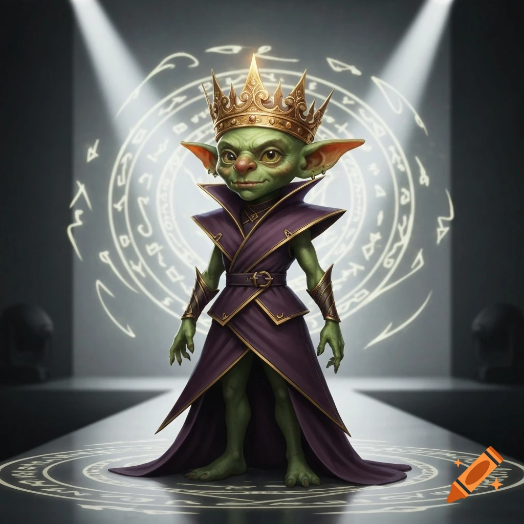 A green goblin-like creature in a long purple dress and a large gold crown stands under spotlights with glowing magical symbols.