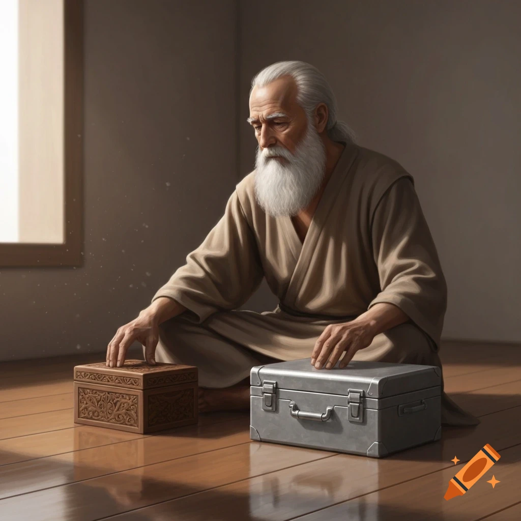An old man with a white beard sits on a wooden floor in a room, his hands resting on a carved wooden box and a metal case.