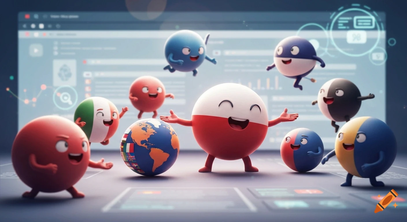 Happy cartoon countryball characters, including Poland and Italy, with an earth globe, in front of a blurred YouTube-like interface.