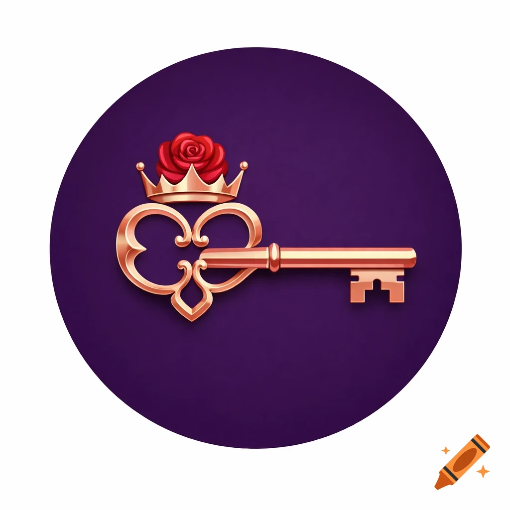 A minimalist rose gold key with an ornate handle, topped by a golden crown and a red rose, centered on a deep purple circle.