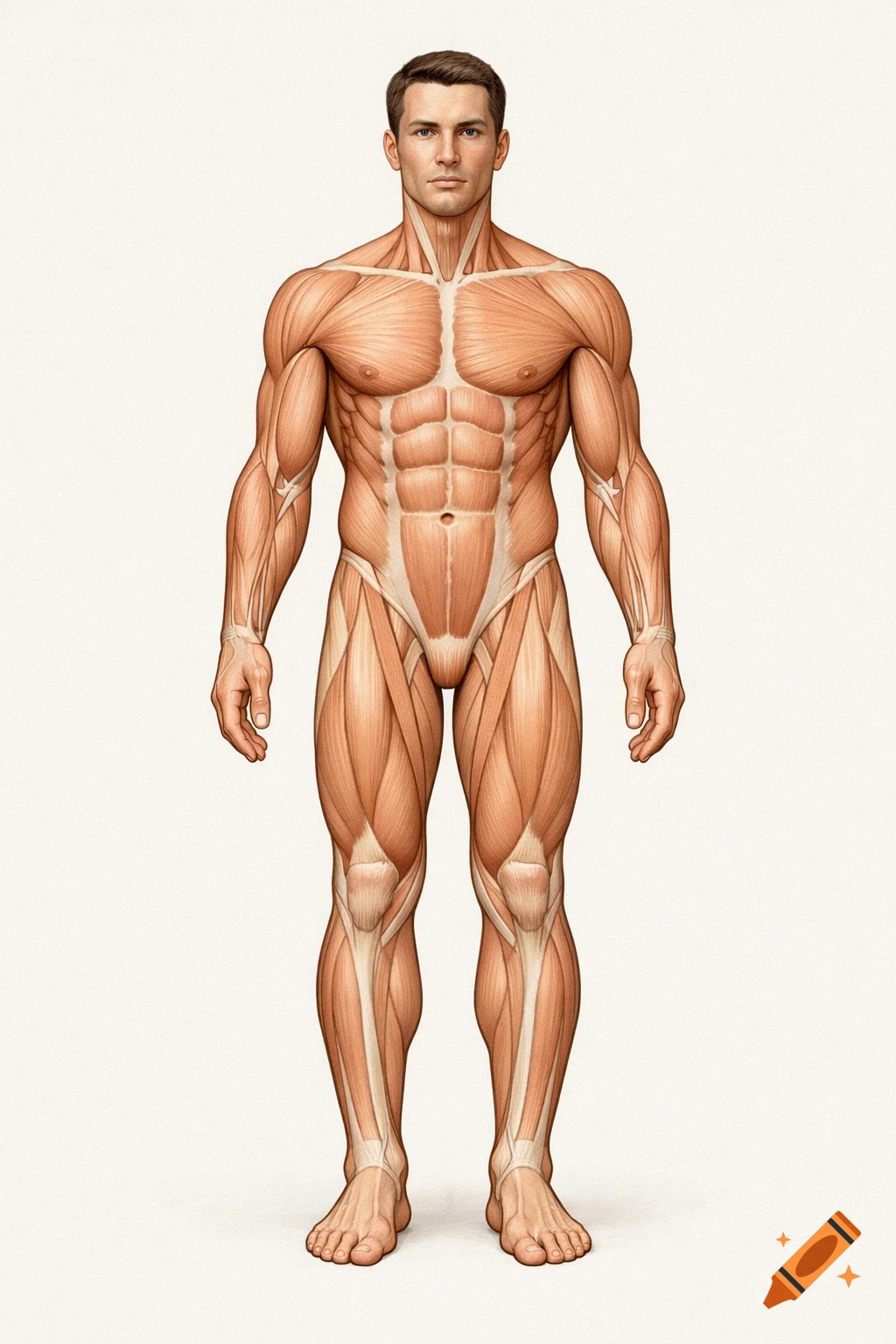 Detailed full-body anatomical illustration of a standing male figure, showcasing the muscular system.