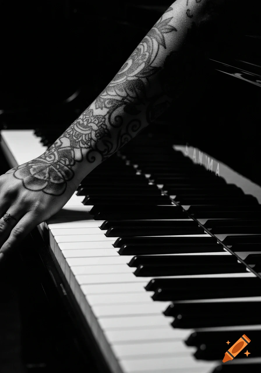 A black and white close-up photo shows a tattooed arm resting across the keys of a piano.