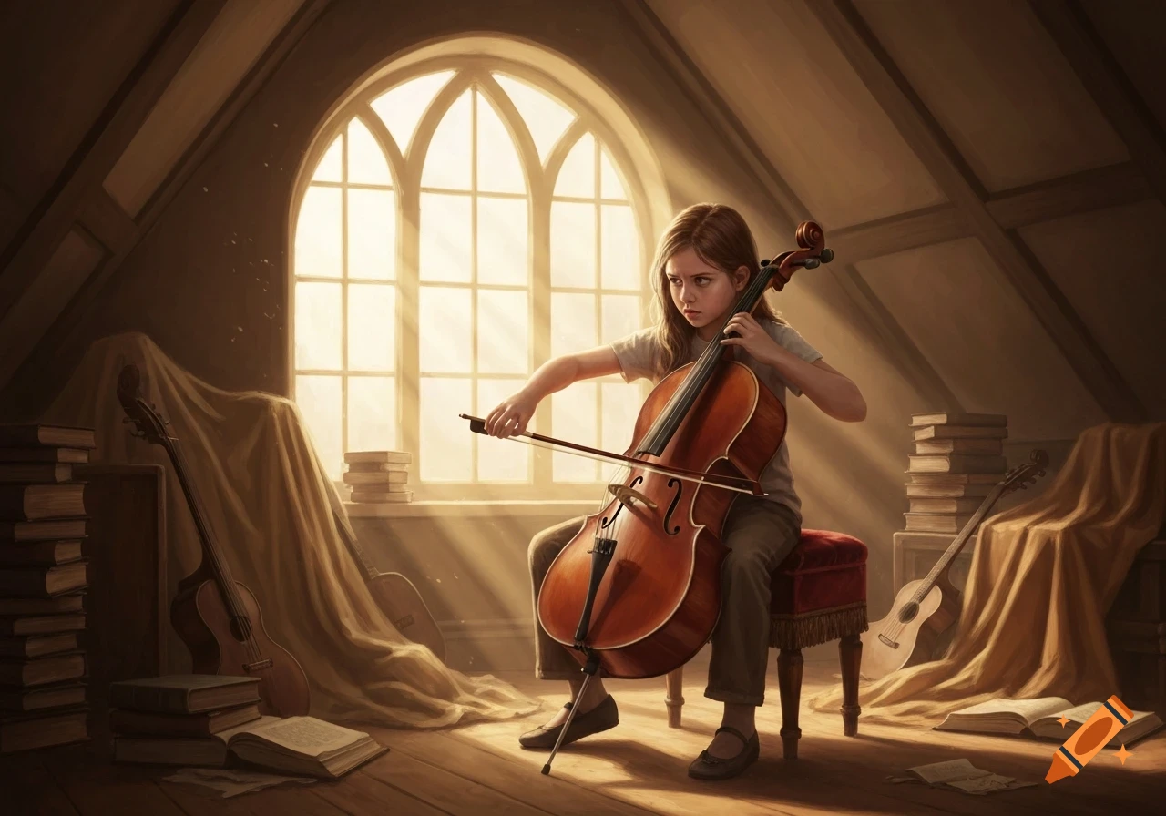 Young girl playing a cello in a sunlit attic room, surrounded by old books and other string instruments.