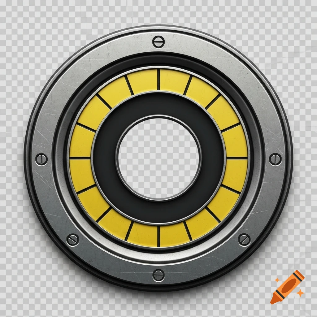 A circular video game HUD indicator featuring a segmented yellow progress ring and a gritty industrial metallic frame, with a transparent background.