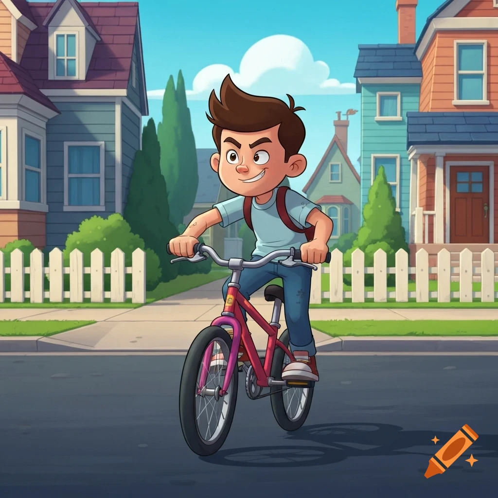 A cartoon boy with brown hair rides a pink bicycle on a street in a suburban neighborhood with colorful houses.
