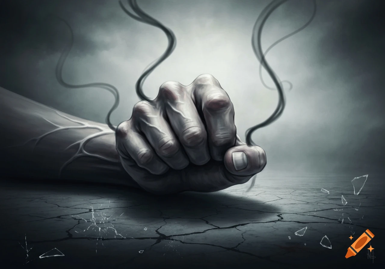 A close-up illustration of a clenched, veiny fist on cracked ground, with dark tendrils rising, in a moody style.