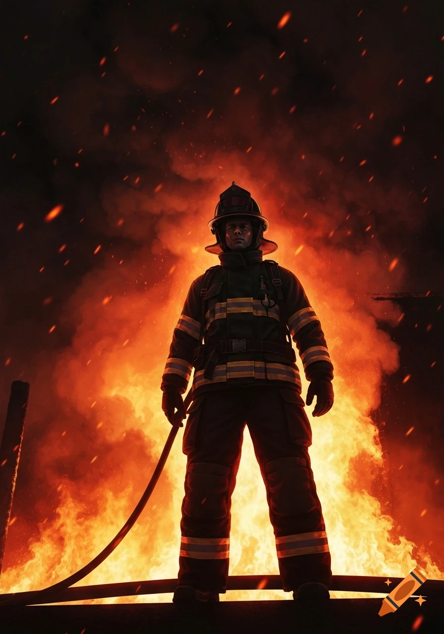 A lone firefighter stands stoically in full gear, holding a hose in front of a massive, raging fire, in a dramatic low-angle shot.