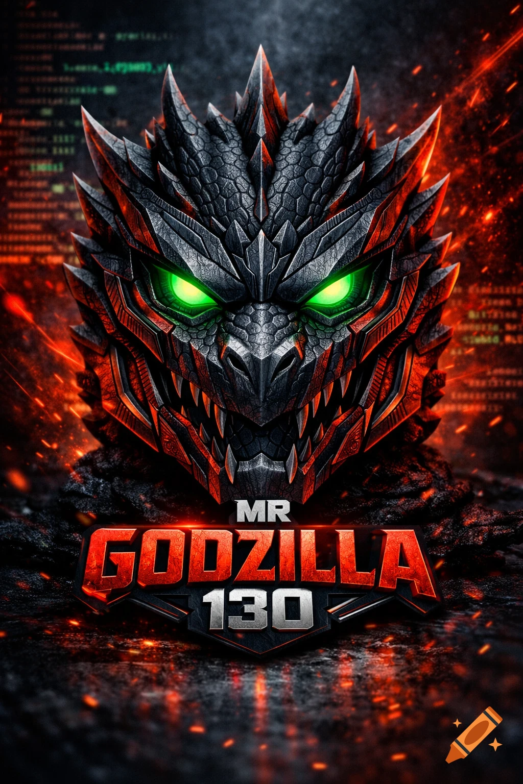 Armored dark gray monster head with glowing green eyes and red accents against a fiery background. Text reads MR GODZILLA 130.