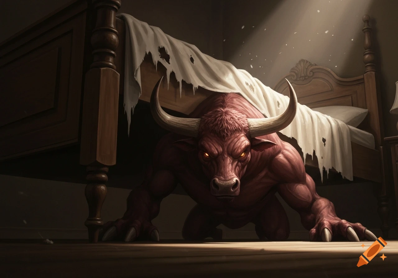 A red, muscular bull monster with glowing eyes and horns crawls out from under a wooden bed, tearing the sheets, in a dark room.