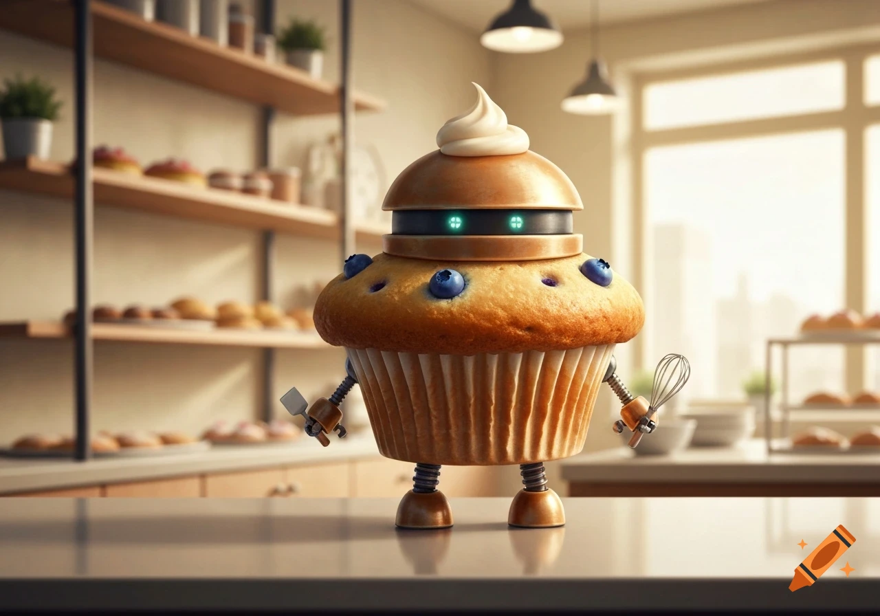 A cute robot made from a blueberry muffin, with glowing green eyes, holding a spatula and whisk, stands on a counter in a bakery.