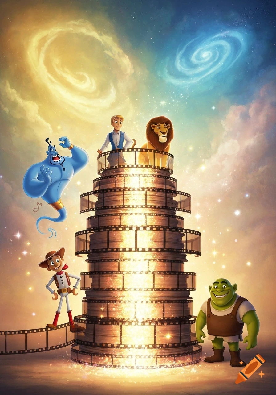 Genie, Woody, Shrek, a boy, and a lion stand on a glowing stack of film reels under a magical, starry sky.