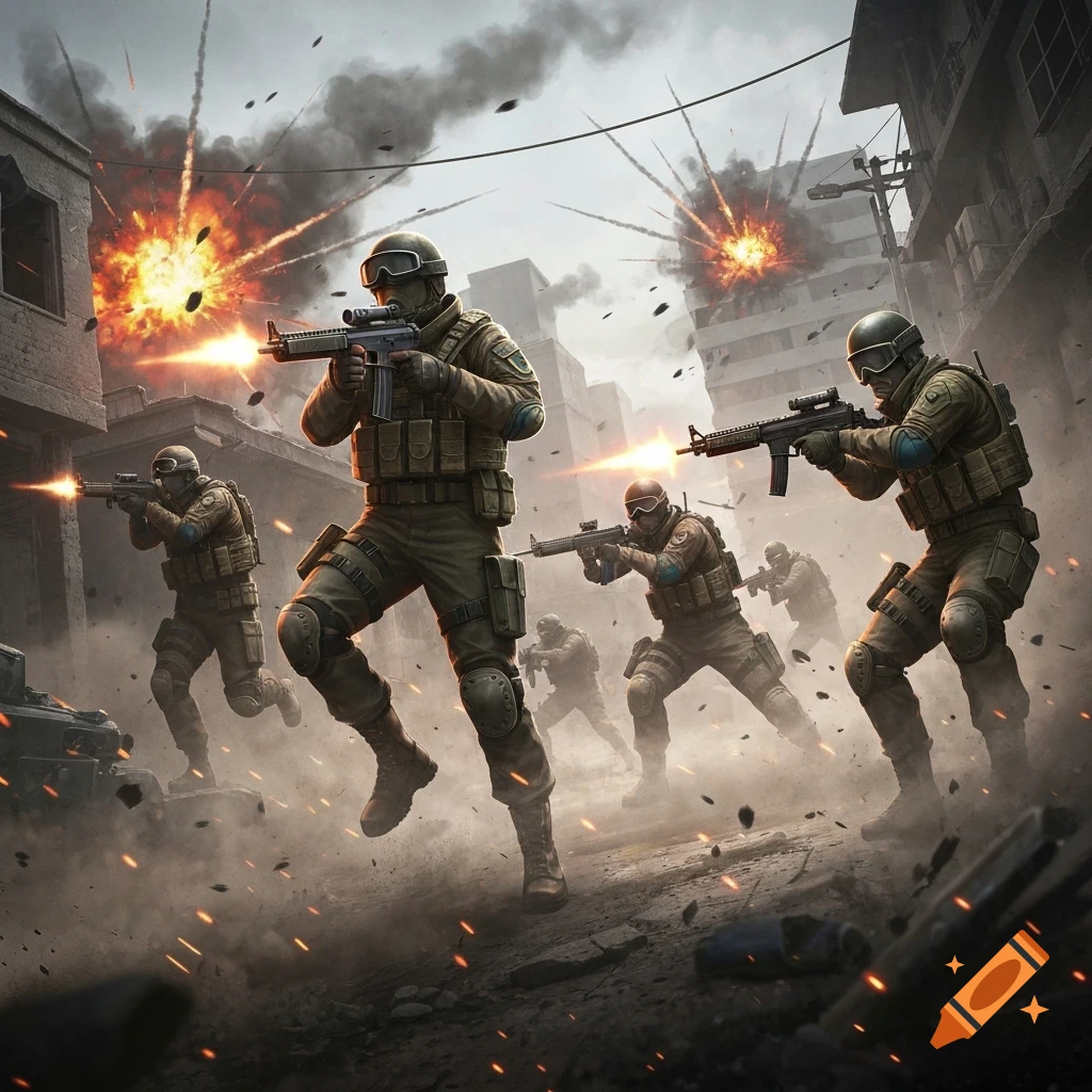 Stylized digital art of heavily armed soldiers running through a destroyed urban combat zone with explosions and gunfire.