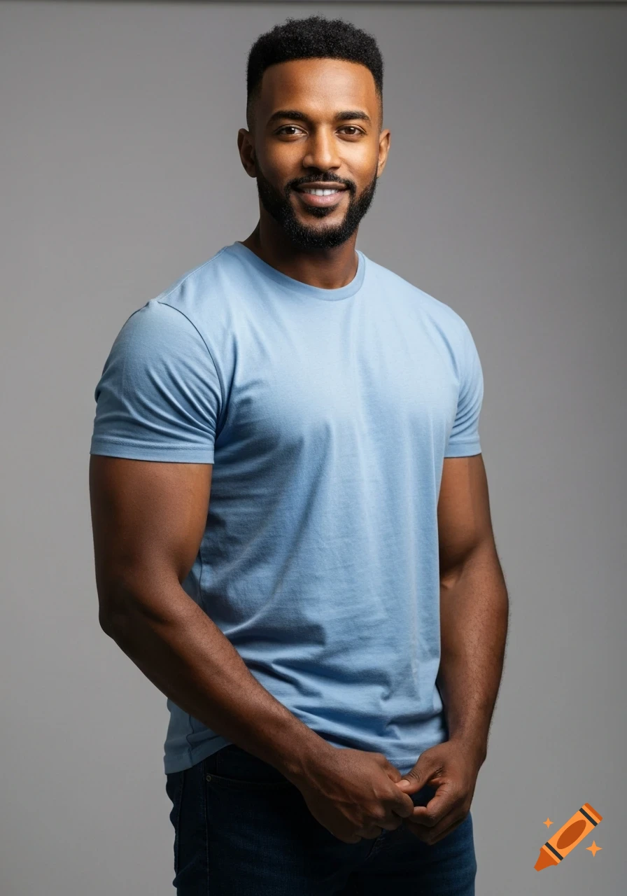 A handsome Black man with a short beard and short hair smiles, wearing a light blue t-shirt and jeans, posing against a gray background.