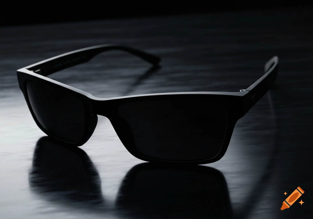 Close-up of black sunglasses on a dark, reflective surface with dramatic lighting.