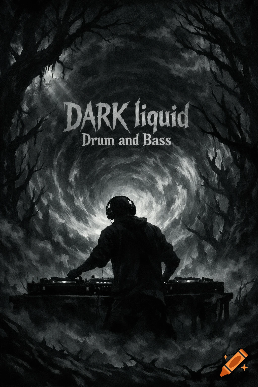 Monochromatic art of a DJ mixing in a dark, eerie forest under a swirling sky, with text 'DARK liquid Drum and Bass'.