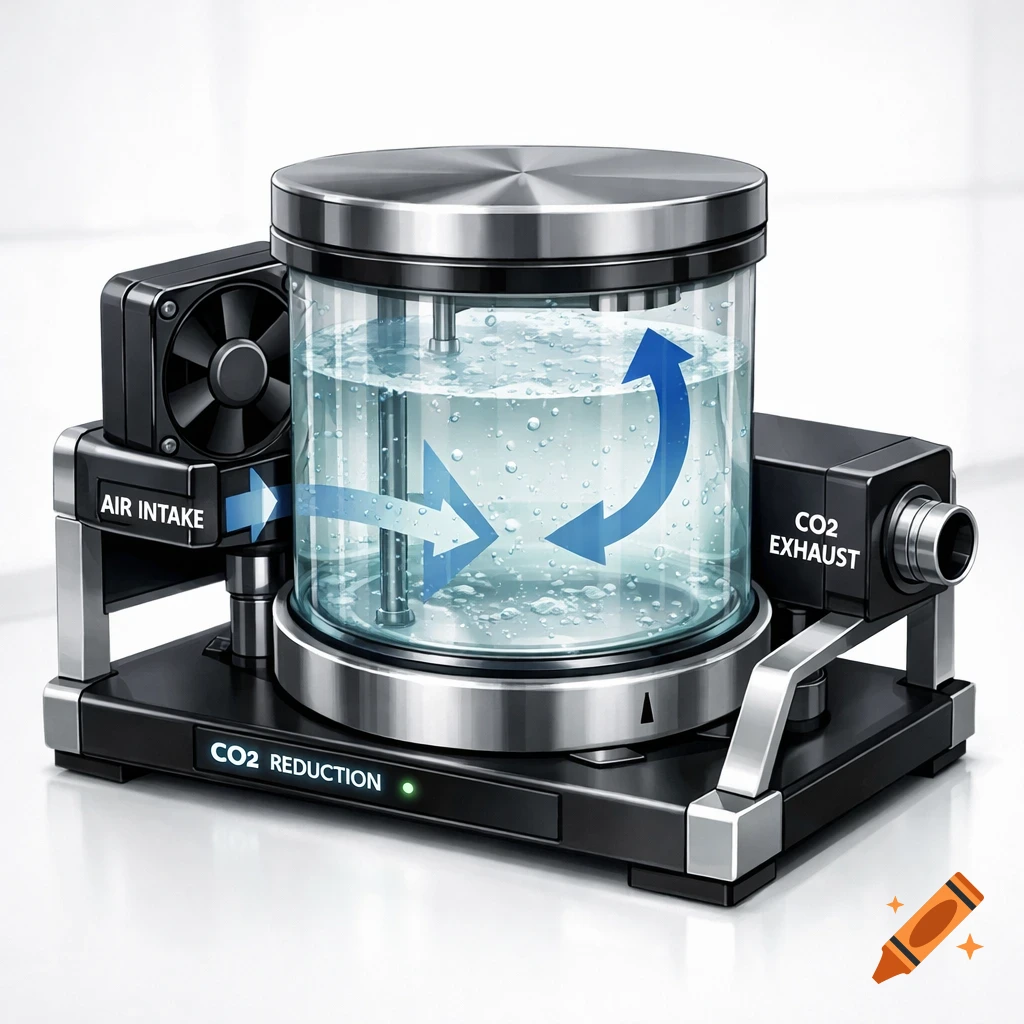 A modern CO2 reduction device with a transparent water-filled tank, 'AIR INTAKE' and 'CO2 EXHAUST' labels, and a 'CO2 REDUCTION' display.