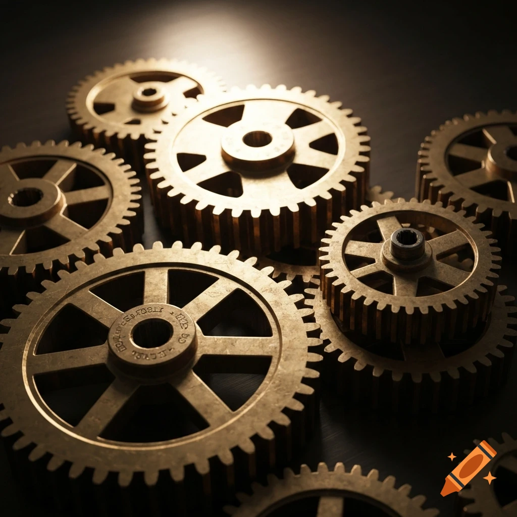 Close-up of golden bronze gears with intricate teeth and spokes, dimly lit from above, creating deep shadows.