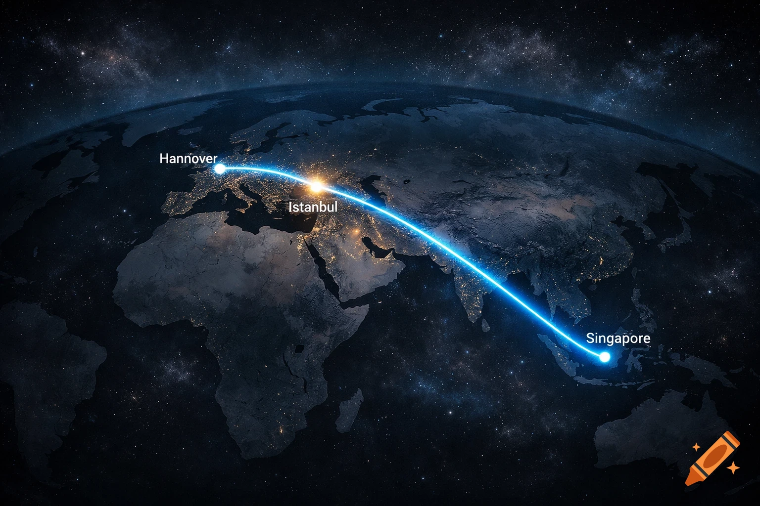 Satellite view of Earth at night showing a glowing blue flight route from Hannover, through Istanbul, to Singapore.