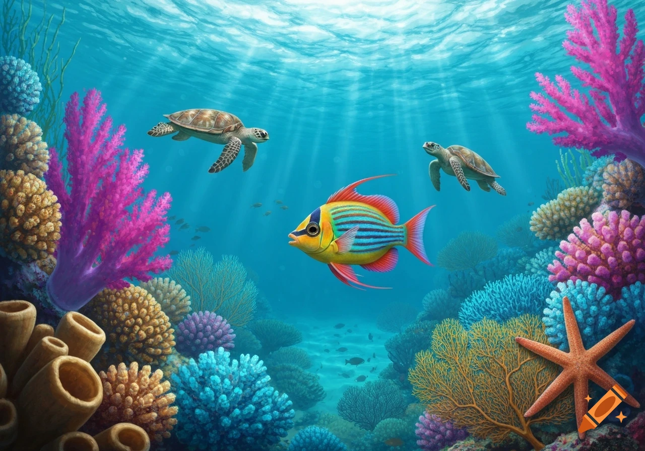 Colorful coral reef scene with a rainbow-striped fish, two sea turtles, and a starfish swimming among vibrant corals.