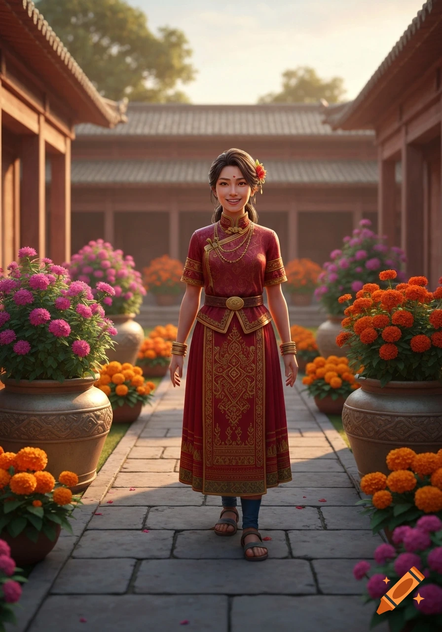 A smiling woman in a red and gold traditional outfit walks in a stone courtyard lined with potted flowers and traditional buildings.