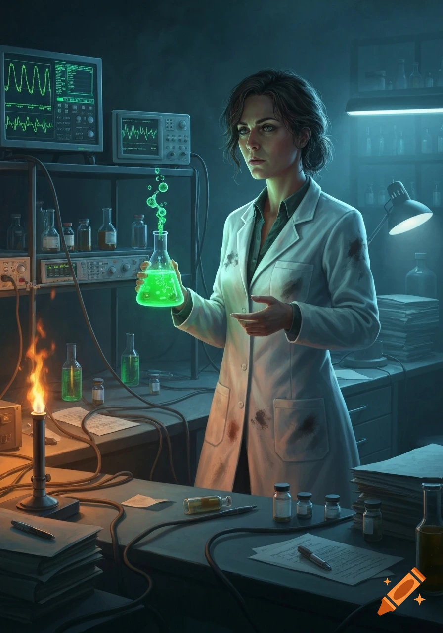 A female scientist in a lab coat holds a glowing green bubbling flask in a dark laboratory, with equipment and a bunsen burner.