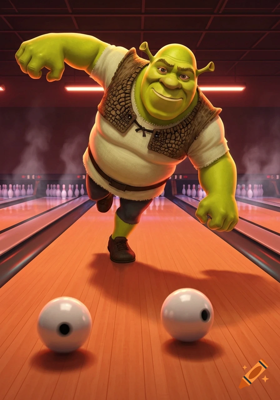 Shrek, the green ogre, leans forward as if releasing a bowling ball down an alley filled with pins, in a stylized animation.