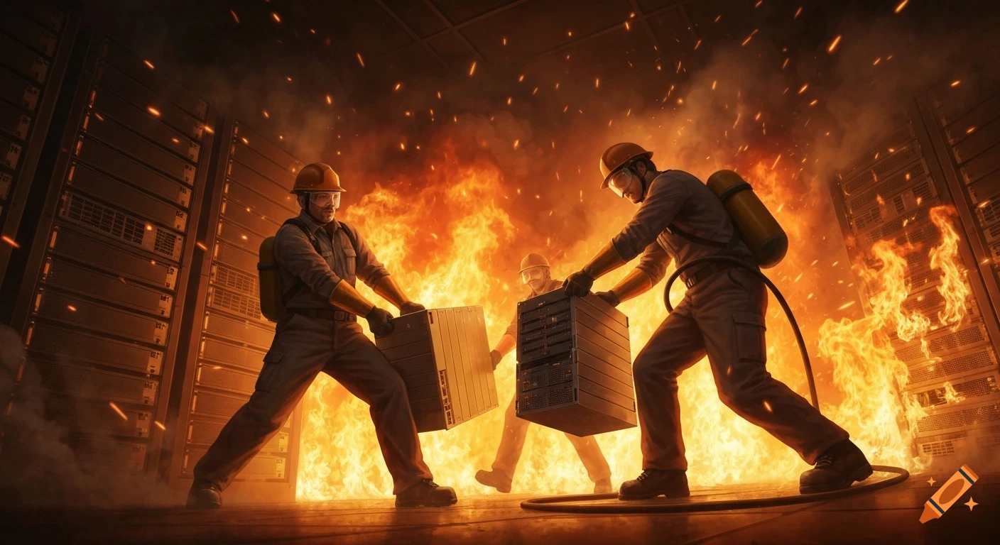 Three men in hard hats and safety gear rescue server racks from a blazing data center filled with fire and smoke.