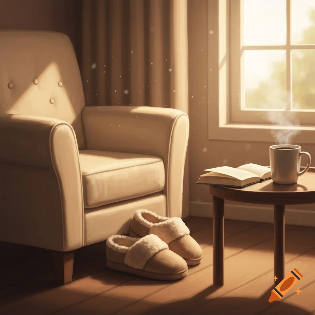 A warm, sunlit room with a cream armchair, fuzzy slippers, an open book, and a steaming mug on a side table.