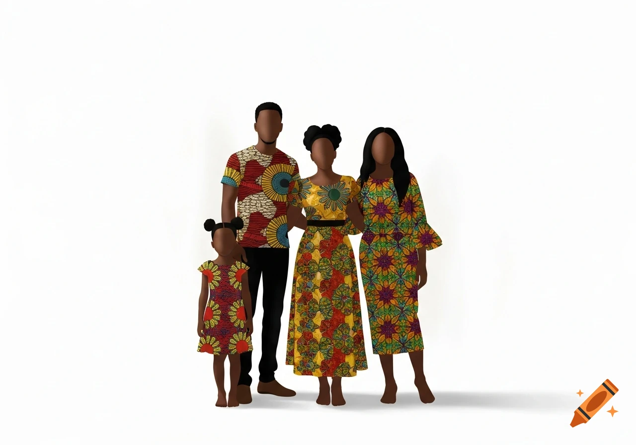 Minimalist illustration of a family of four wearing colorful African wax print clothing against a white background.