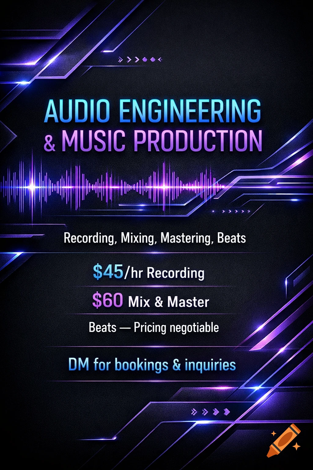 Dark modern flyer with neon purple and blue accents, a waveform, and text for audio engineering and music production services with pricing.