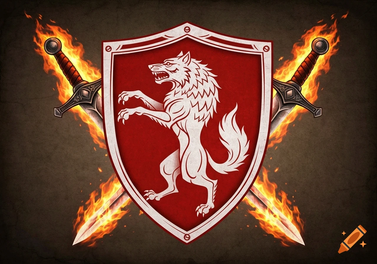 A red and white shield with a stylized white wolf on a red background. Two fiery swords cross behind the shield.